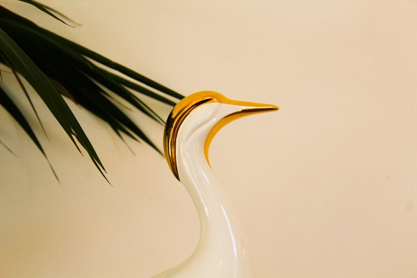 Italian Heron Figure in White and Gold Lacquered Ceramic from Ahury, 1970s-OAQ-1373451