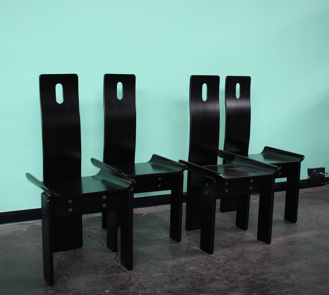 Italian High Back Lacquered Black Dining Chairs, 1970s, Set of 4