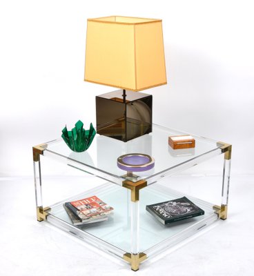 Italian Hollywood Regency Acrylic, Brass & Glass Square Cocktail Table, 1970s-JDR-1171199