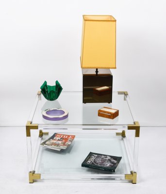 Italian Hollywood Regency Acrylic, Brass & Glass Square Cocktail Table, 1970s-JDR-1171199