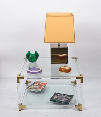 Italian Hollywood Regency Acrylic, Brass & Glass Square Cocktail Table, 1970s-JDR-1171199