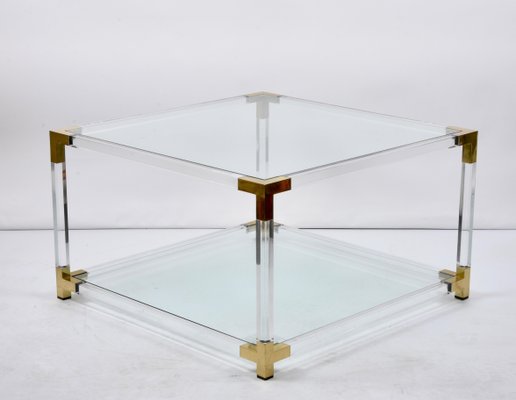 Italian Hollywood Regency Acrylic, Brass & Glass Square Cocktail Table, 1970s-JDR-1171199