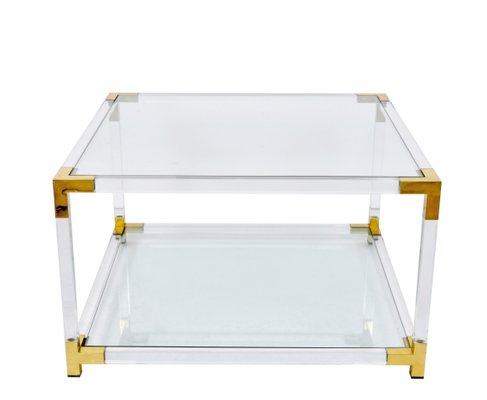 Italian Hollywood Regency Acrylic, Brass & Glass Square Cocktail Table, 1970s-JDR-1171199