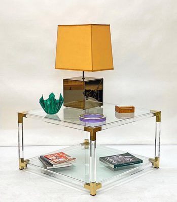 Italian Hollywood Regency Acrylic, Brass & Glass Square Cocktail Table, 1970s-JDR-1171199