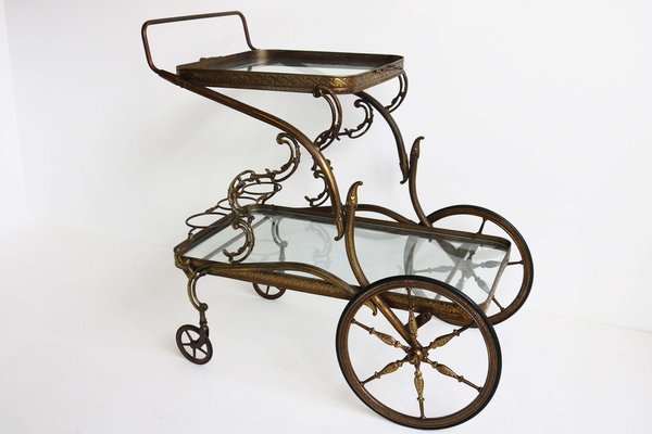 Italian Hollywood Regency Bar Cart / Trolley in Brass & Glass, 1945-WIP-2041182