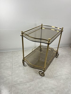 Italian Hollywood Regency Style Bar Trolley in Brass and Smoked Glass Tops, 1960s-YST-2035612