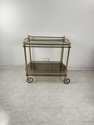 Italian Hollywood Regency Style Bar Trolley in Brass and Smoked Glass Tops, 1960s-YST-2035612