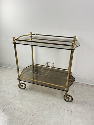 Italian Hollywood Regency Style Bar Trolley in Brass and Smoked Glass Tops, 1960s-YST-2035612