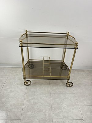 Italian Hollywood Regency Style Bar Trolley in Brass and Smoked Glass Tops, 1960s-YST-2035612