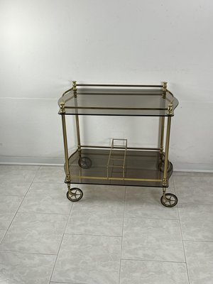 Italian Hollywood Regency Style Bar Trolley in Brass and Smoked Glass Tops, 1960s-YST-2035612