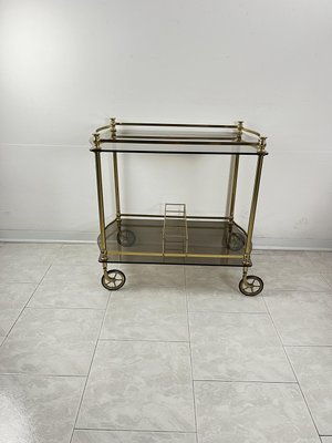 Italian Hollywood Regency Style Bar Trolley in Brass and Smoked Glass Tops, 1960s-YST-2035612