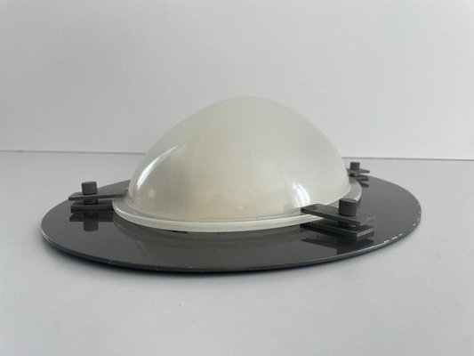 Italian Industrial Oval Glass and Black Backplate Ceiling Lamp, 1960s-RDS-1722836