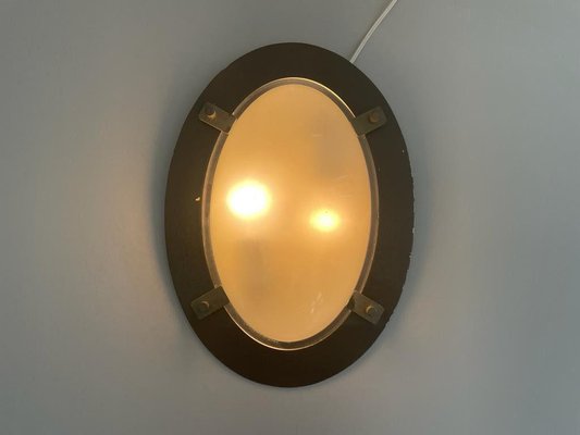 Italian Industrial Oval Glass and Black Backplate Ceiling Lamp, 1960s-RDS-1722836