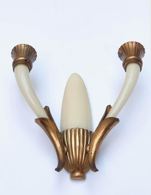 Italian Ivory White Blown Murano Glass & Coppered Brass Sconces, 1940s, Set of 2-JDR-1125984