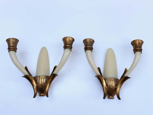 Italian Ivory White Blown Murano Glass & Coppered Brass Sconces, 1940s, Set of 2-JDR-1125984