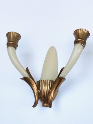 Italian Ivory White Blown Murano Glass & Coppered Brass Sconces, 1940s, Set of 2-JDR-1125984