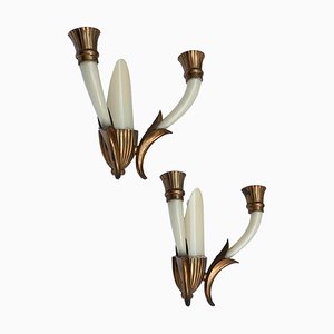 Italian Ivory White Blown Murano Glass & Coppered Brass Sconces, 1940s, Set of 2-JDR-1125984