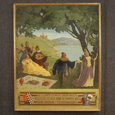 Italian Landscape Painting with Characters, 20th-Century, Oil on Masonite, Framed-RP-1210151