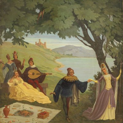 Italian Landscape Painting with Characters, 20th-Century, Oil on Masonite, Framed-RP-1210151