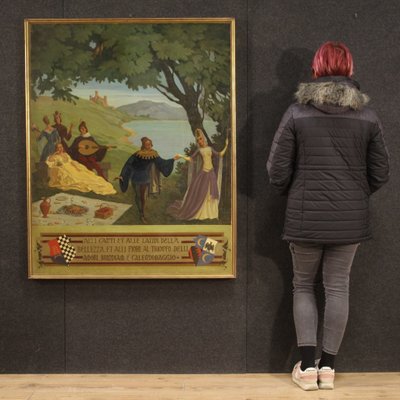 Italian Landscape Painting with Characters, 20th-Century, Oil on Masonite, Framed-RP-1210151