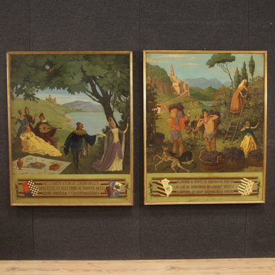 Italian Landscape Painting with Characters, 20th-Century, Oil on Masonite, Framed-RP-1210151