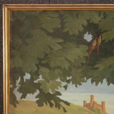 Italian Landscape Painting with Characters, 20th-Century, Oil on Masonite, Framed-RP-1210151