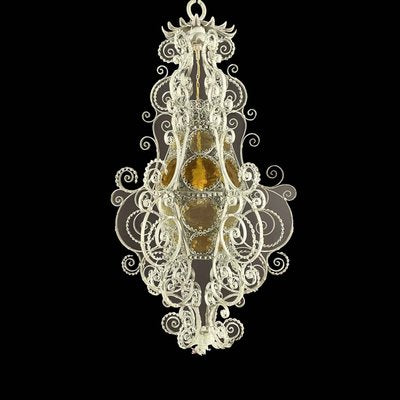 Italian Lantern in Light Green Wrought Iron and Amber Glass, 1890s-TBU-2034894