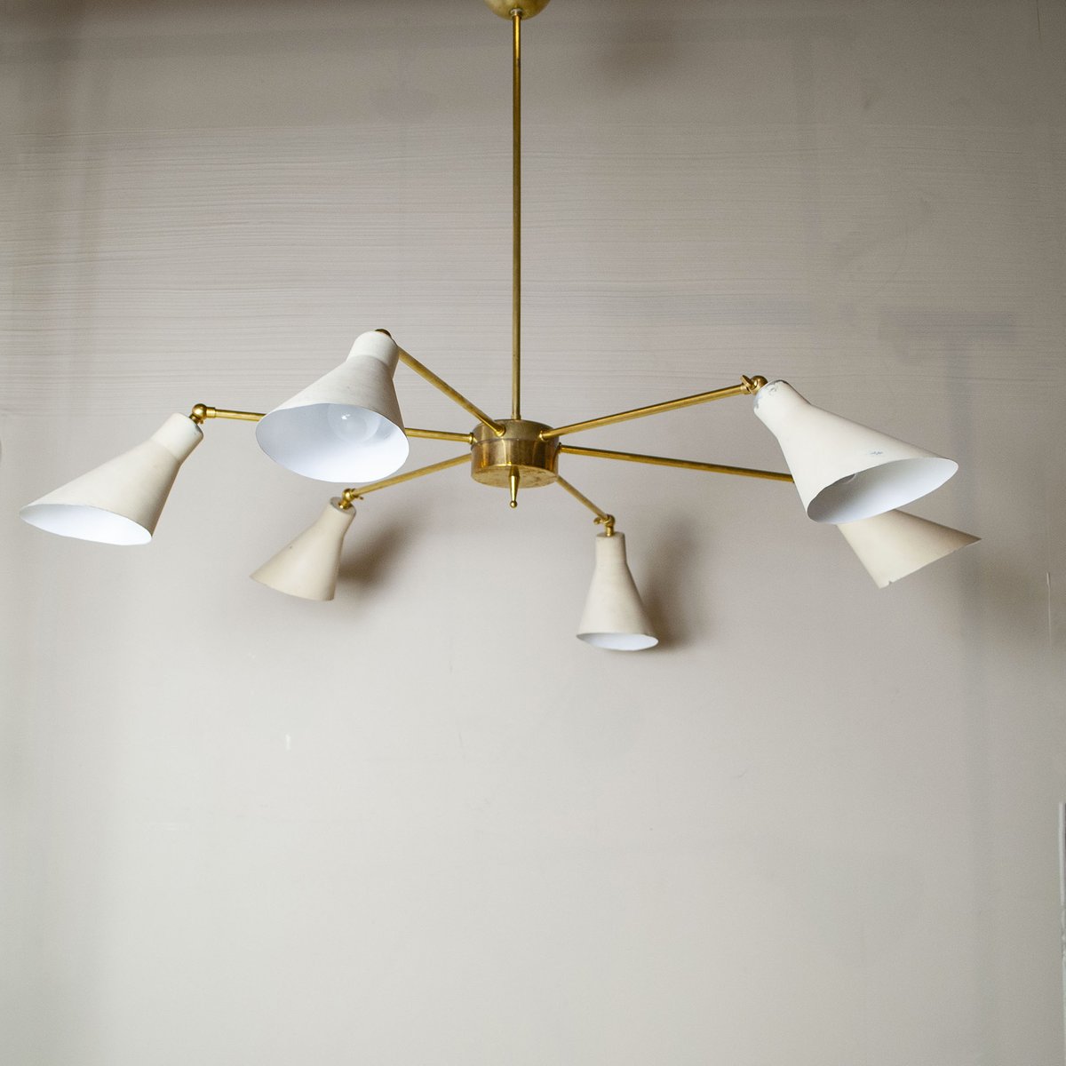 Italian Light Chandelier with Aluminum Speakers & Brass Structure in the style of Stilnovo Models, 1950s