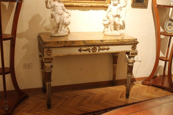 Italian Louis XVI White Lacquer and Giltwood Console with Scagliola Siena Marble Top-AXE-1433444