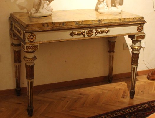 Italian Louis XVI White Lacquer and Giltwood Console with Scagliola Siena Marble Top-AXE-1433444