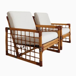 Italian Lounge Chairs in Bamboo and Indian Cane, 1970s, Set of 2-CC-1603833