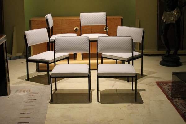 Italian Low Lounge Chairs with Black Iron Frame and Ice White Upholster by Milo Baughman, 1950s, Set of 6-AXE-1433461