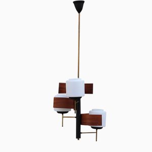 Italian Mahogany, Glass & Brass Ceiling Lamp from Esperia, 1950s-EH-594869