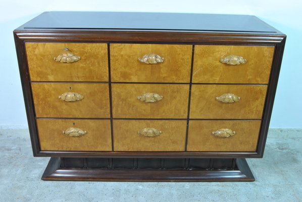 Italian Maple & Mahogany Chest of Drawers with Black Lacquered Glass Top, 1940s-WFB-738753