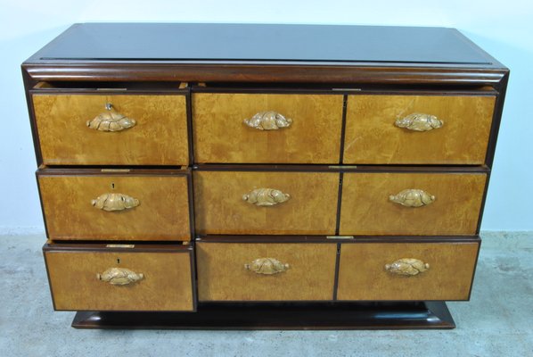 Italian Maple & Mahogany Chest of Drawers with Black Lacquered Glass Top, 1940s-WFB-738753