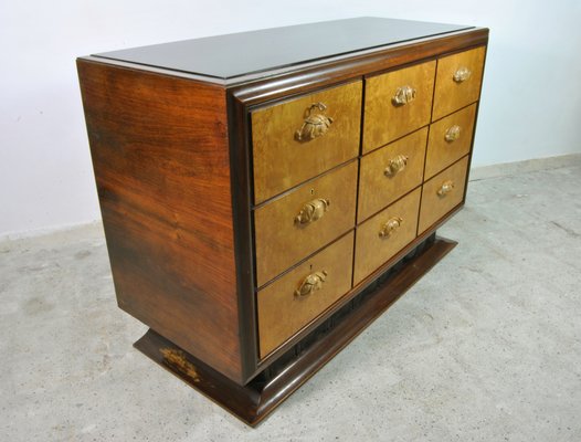 Italian Maple & Mahogany Chest of Drawers with Black Lacquered Glass Top, 1940s-WFB-738753