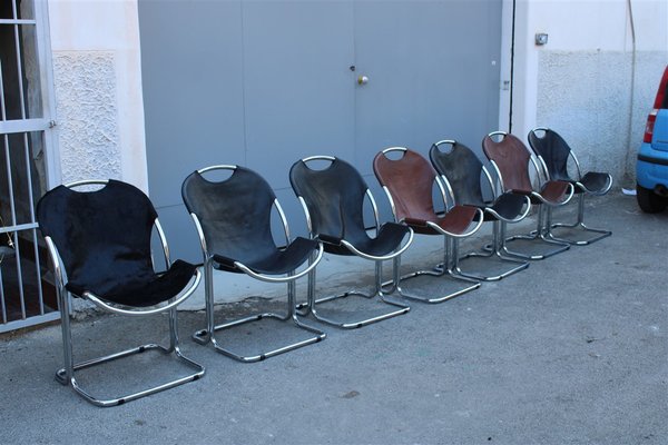 Italian Metal and Leather Dining Chairs, 1970s, Set of 7-EH-687737