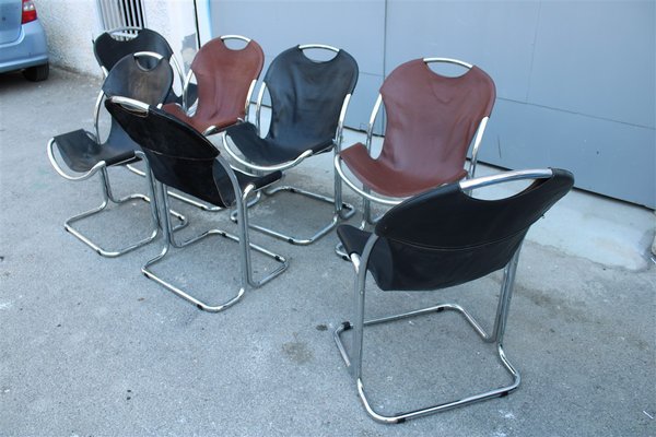 Italian Metal and Leather Dining Chairs, 1970s, Set of 7-EH-687737