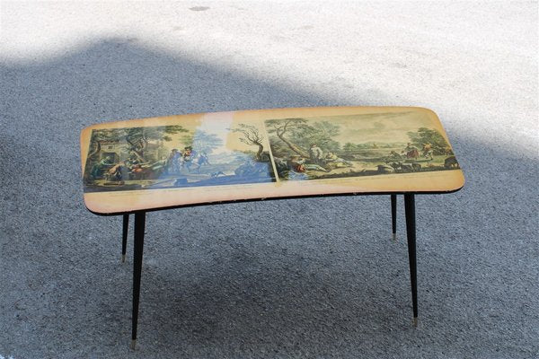 Italian Metal, Brass, and Prints Coffee Table, 1950s