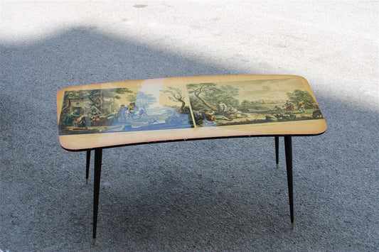 Italian Metal, Brass, and Prints Coffee Table, 1950s