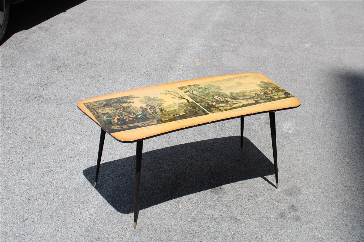 Italian Metal, Brass, and Prints Coffee Table, 1950s