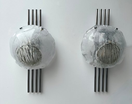 Italian Metal Chrome Sconces and Textured Murano Glass by Angelo Brotto for Esperia, 1970s, Set of 2-FUE-2017492