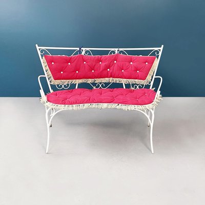 Italian Mid-Century Garden Bench in White Wrought Iron and Fabric, 1960s-GDD-1272814