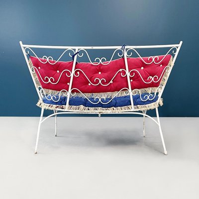 Italian Mid-Century Garden Bench in White Wrought Iron and Fabric, 1960s-GDD-1272814