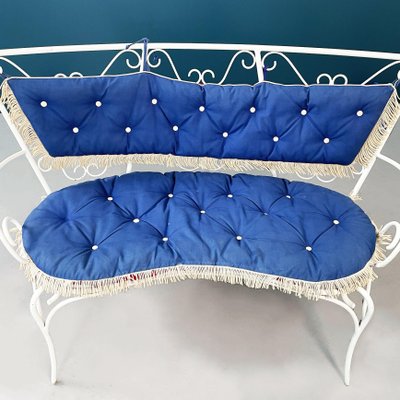 Italian Mid-Century Garden Bench in White Wrought Iron and Fabric, 1960s-GDD-1272814