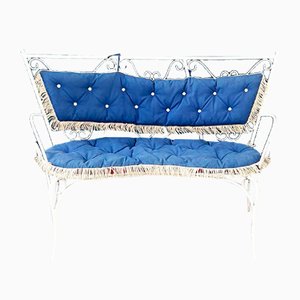 Italian Mid-Century Garden Bench in White Wrought Iron and Fabric, 1960s-GDD-1272814