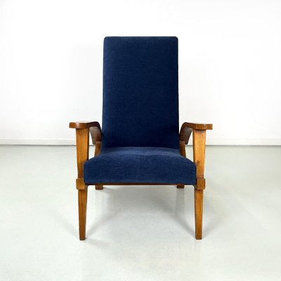 Italian Mid-Century Modern Wood and Blue Fabric Lounge Chairs, 1950s, Set of 2-GDD-1784820