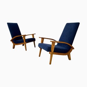 Italian Mid-Century Modern Wood and Blue Fabric Lounge Chairs, 1950s, Set of 2-GDD-1784820