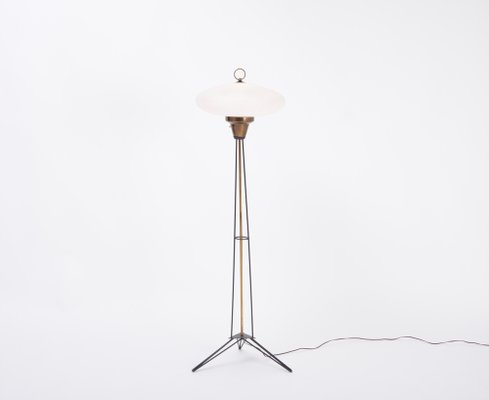 Italian Mid-Century Opaline Glass and Iron Floor Lamp in the Style of Stilnovo-FN-1029550