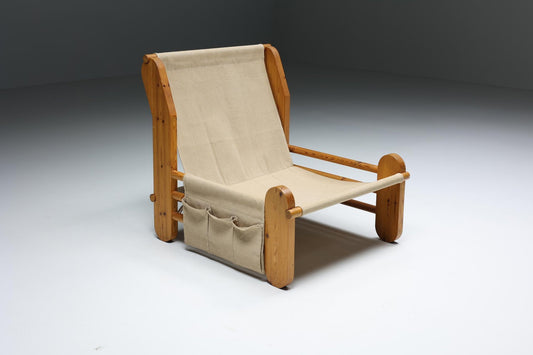 Italian Minimalist Pine Lounge Chairs with Canvas, 1970s, Set of 2